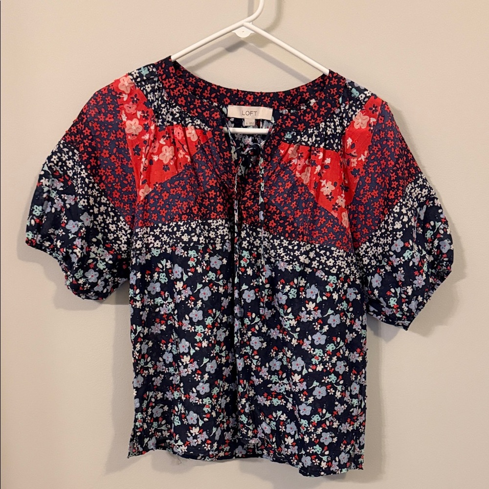 LOFT Women's Patchwork Floral Blouse - Red and Blue